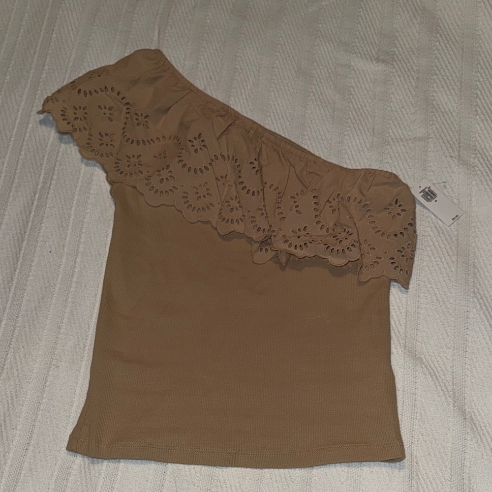 NWT Old Navy Tan Off-Shoulder Blouse with Eyelet Ruffle